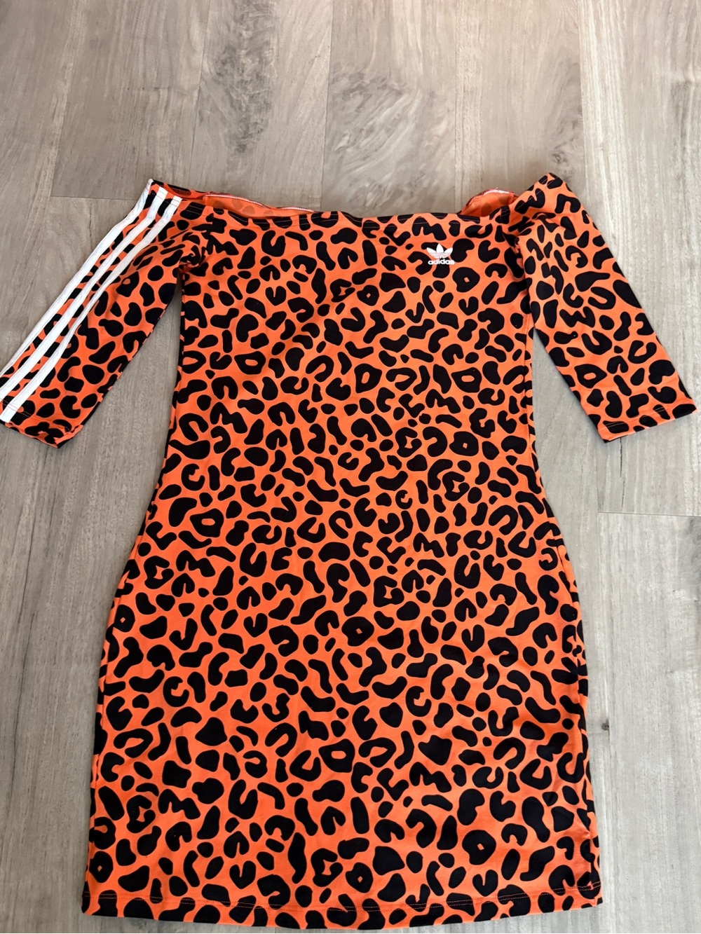 adidas Rich Mnisi Orange & Black Off Shoulder Leopard Print Dress